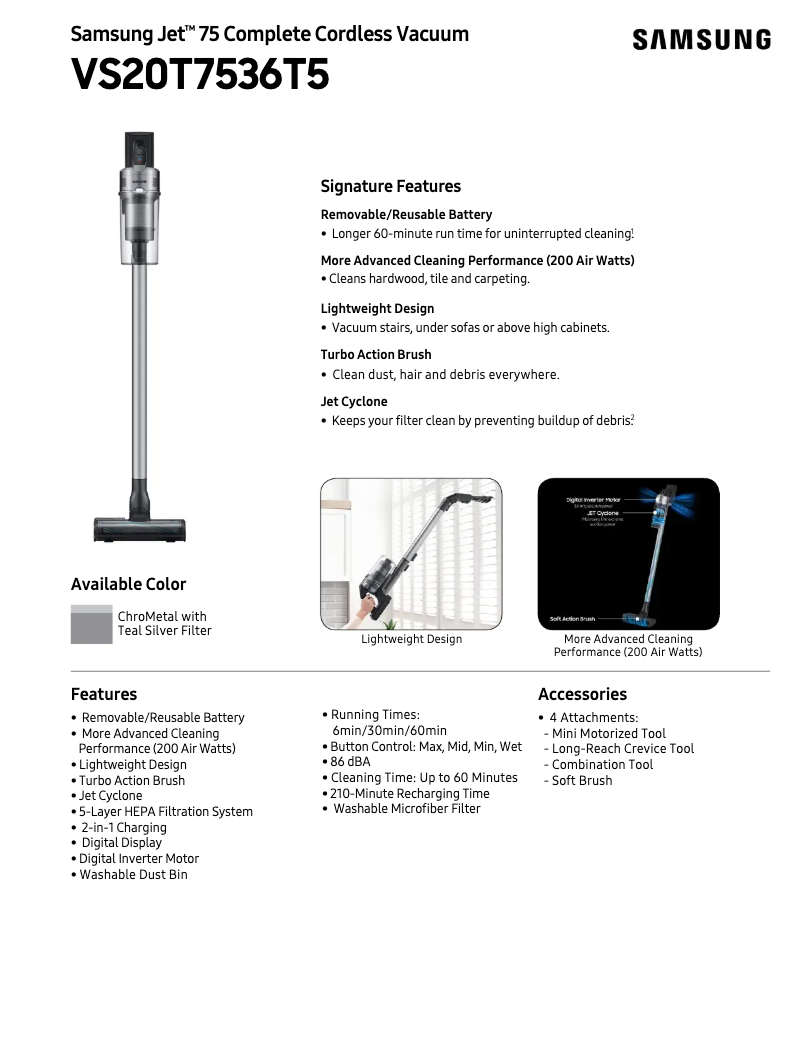 Page 1 of the manual Technical Sheet Samsung Jet 75