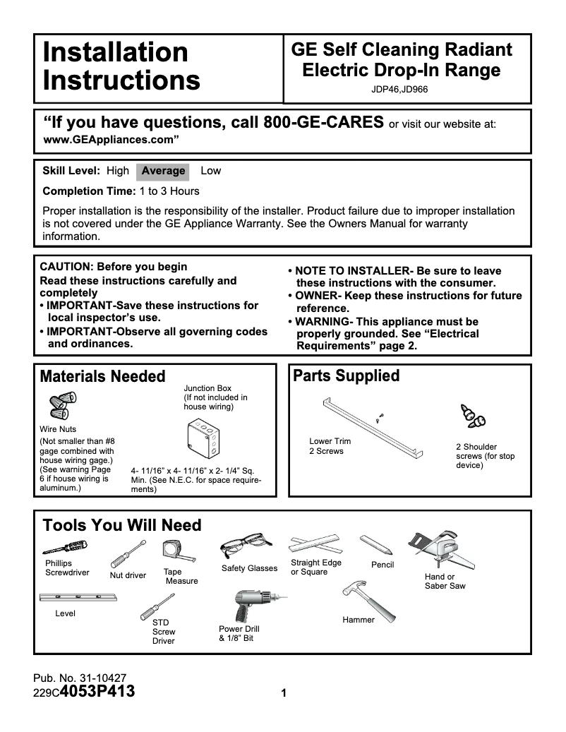 Page 1 of the manual Installation Guide GE Profile JD966WDWW