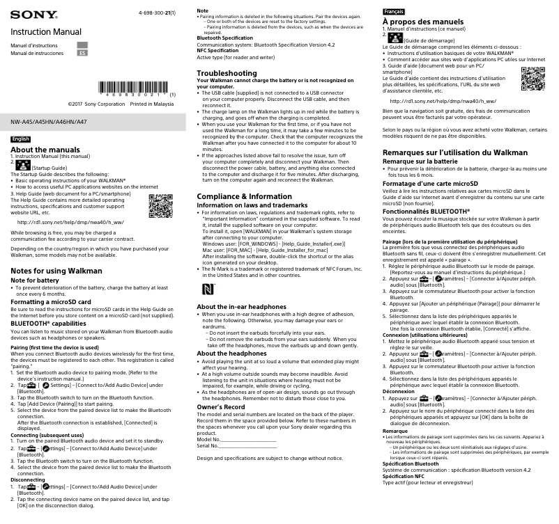 Page 1 of the manual User Manual Sony NW-A45HN