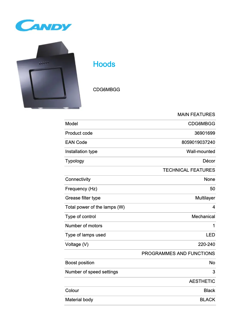 Page 1 of the manual Technical Sheet Candy CDG6MBGG