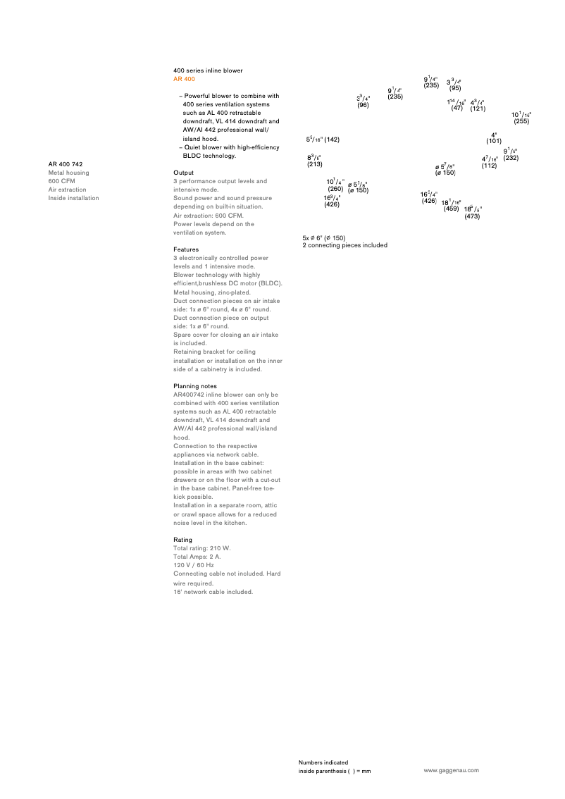 Page 1 de la notice Fiche technique Gaggenau AR400742
