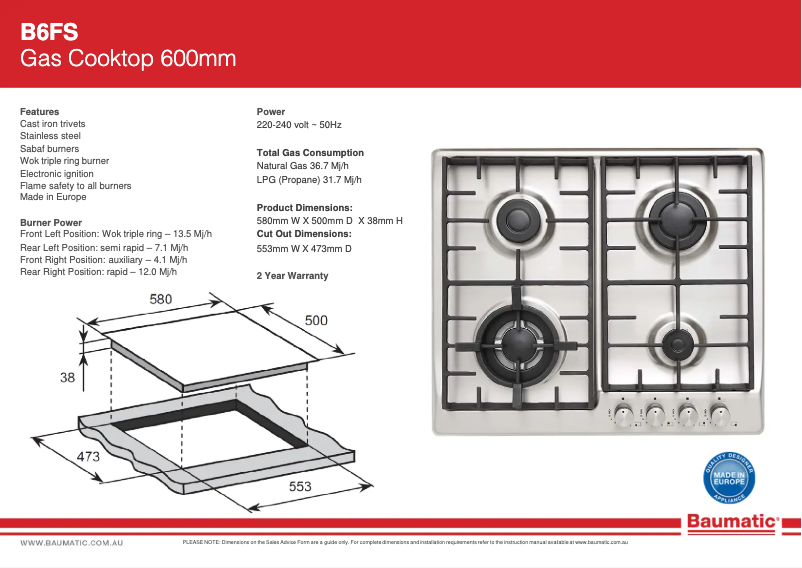 Page 1 of the manual Technical Sheet Baumatic B6FS