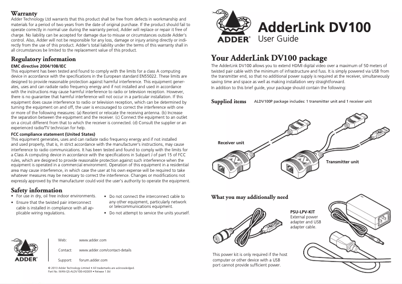 First page image of the manual for ADDERLink DV100 HDMI