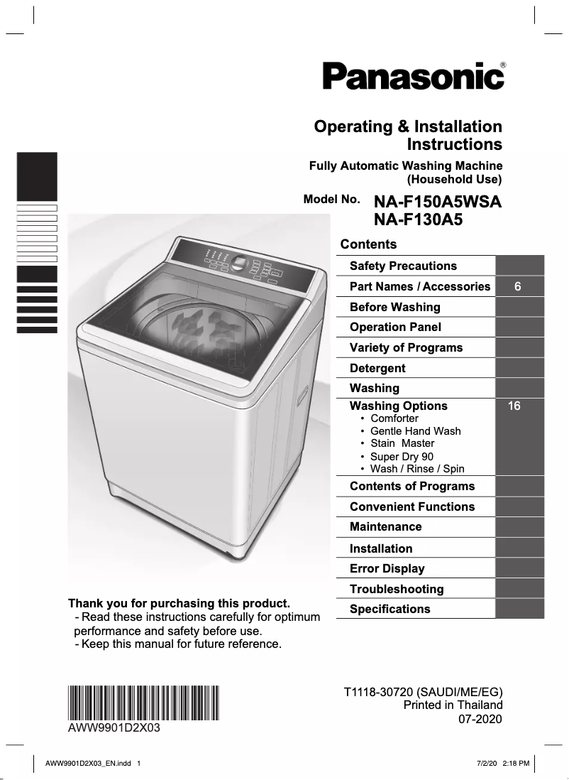 Page 1 of the manual User Manual Panasonic NA-F130A5