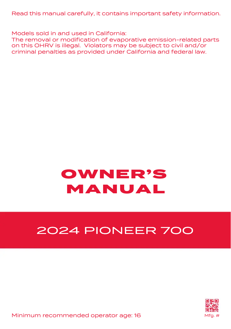 Page 1 of the manual User Manual Honda Pioneer 700 (2024)