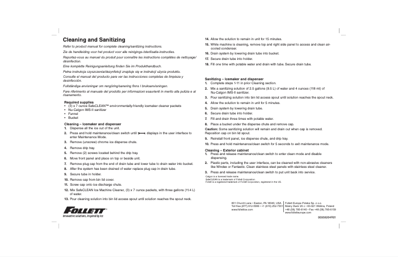 Page 1 of the manual Instructions / Assembly Follett 7UC100A-IW-NF-ST-00