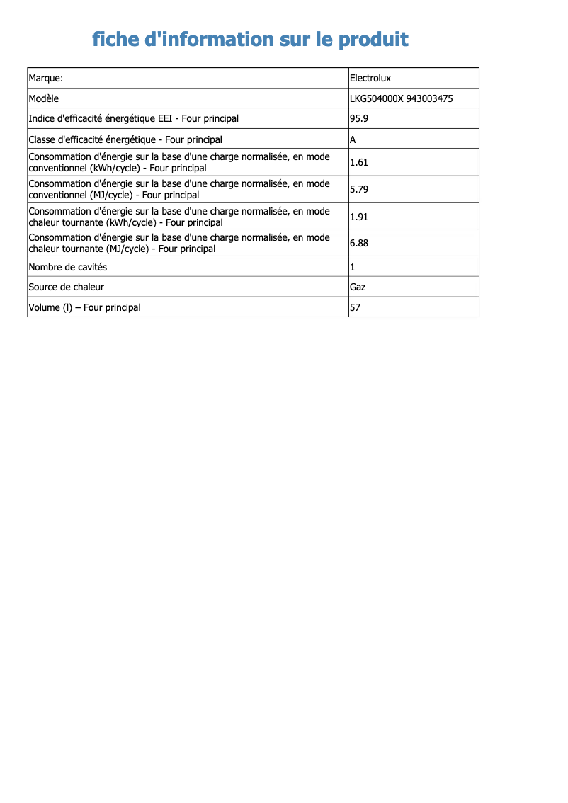Page 1 of the manual Technical Sheet Electrolux LKG504000X