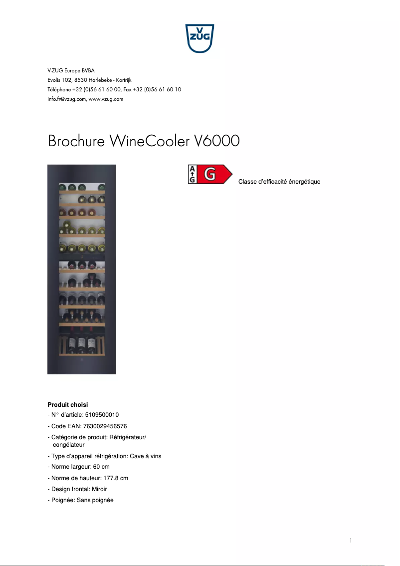 Page 1 of the manual Brochure V-Zug WineCooler V6000