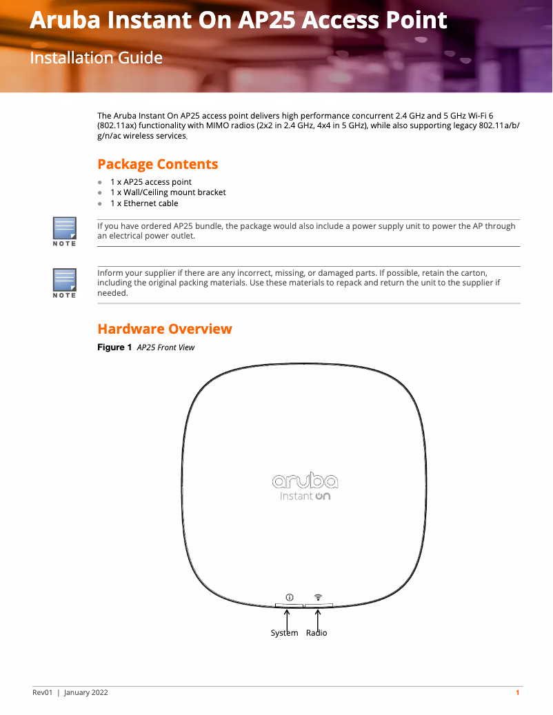 Page 1 of the manual User Manual Aruba R9B33A