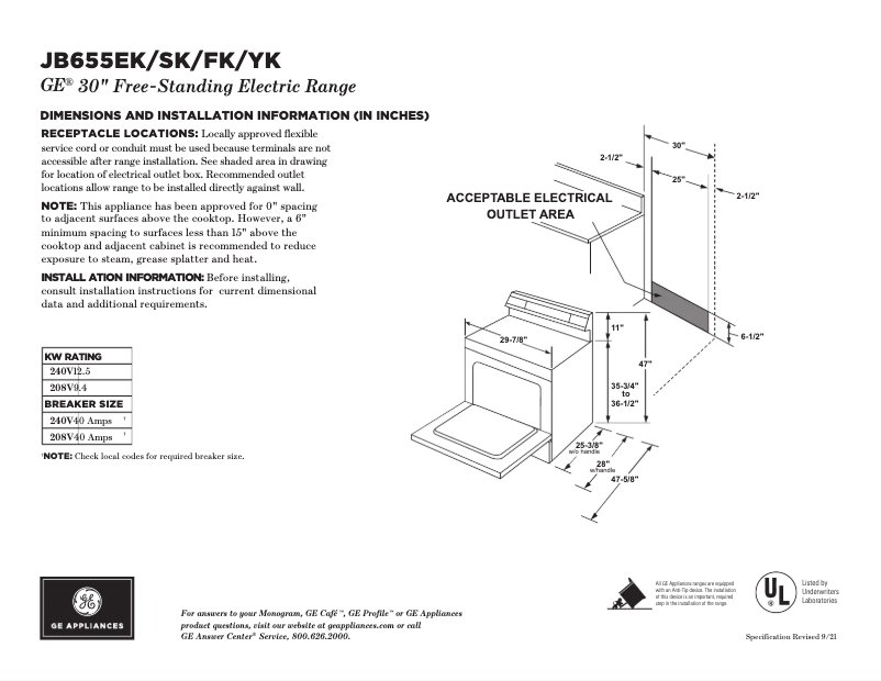 Page 1 of the manual Technical Sheet GE JB655FKDS