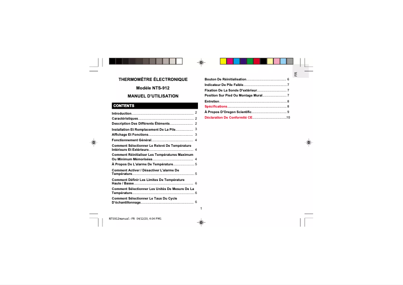 Page 1 of the manual User Manual Oregon Scientific NTS912