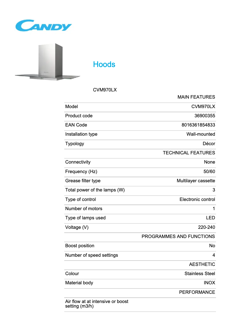 Page 1 of the manual Technical Sheet Candy CVM 970 LX