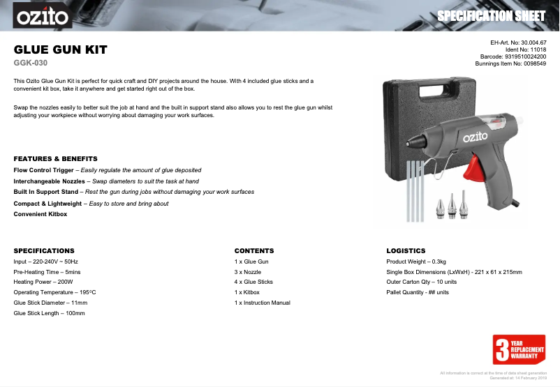 Page 1 of the manual Technical Sheet Ozito GGK-030