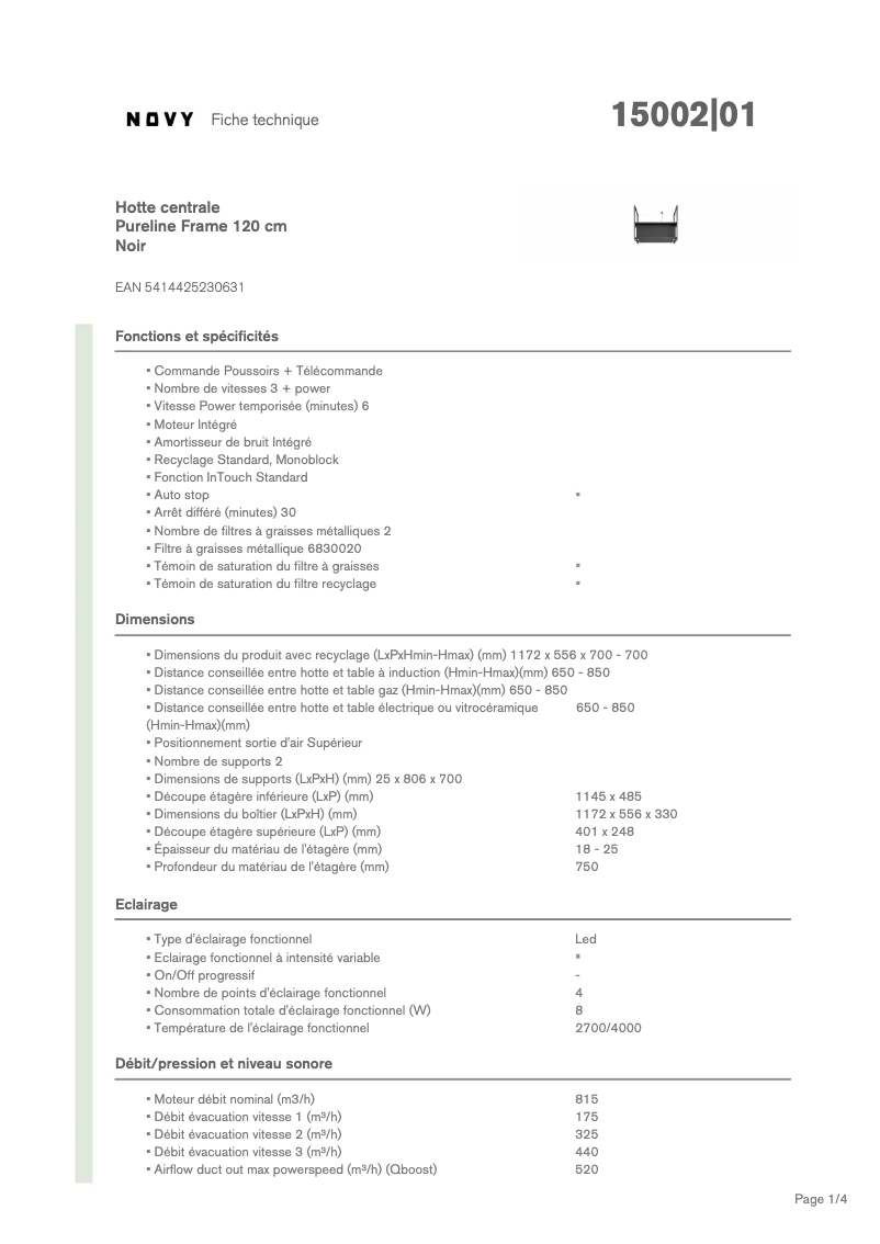 Page 1 of the manual Technical Sheet Novy Pureline Frame 15002