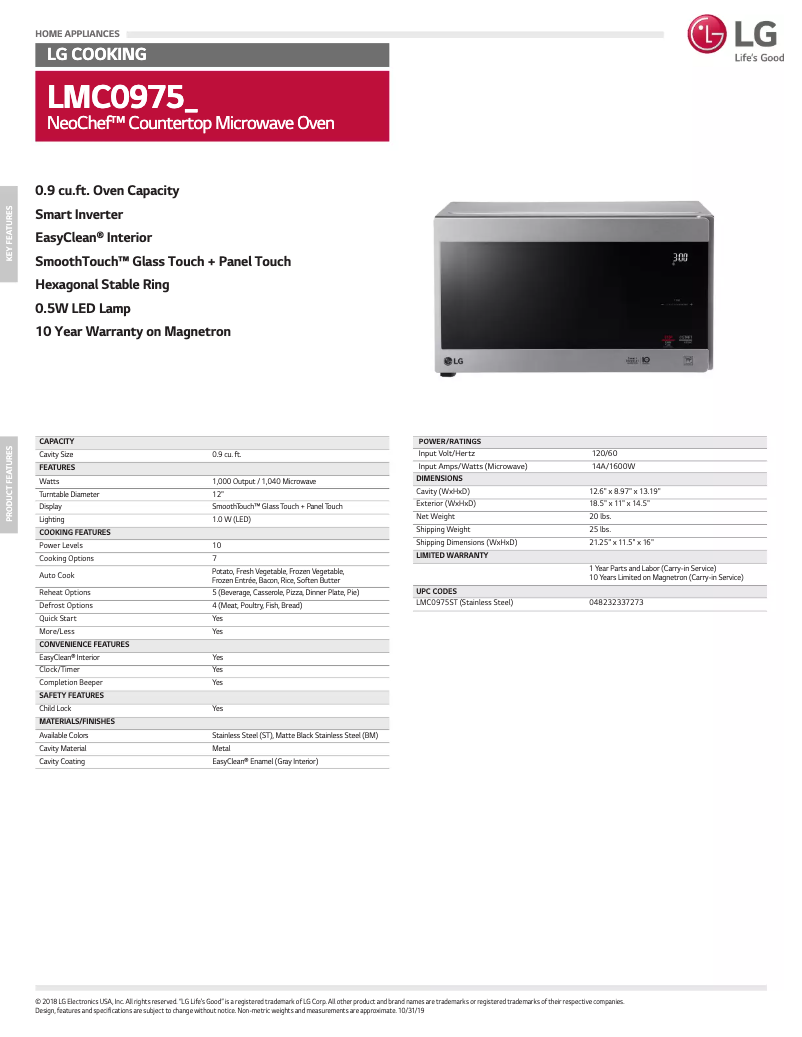 Page 1 of the manual Technical Sheet LG LMC0975ST