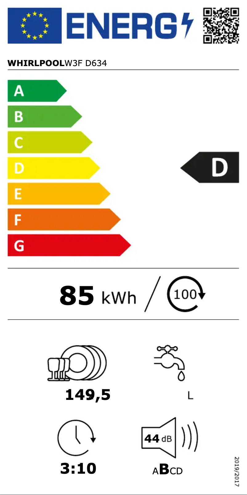 Page 1 of the manual Energy Label Whirlpool W3F D634