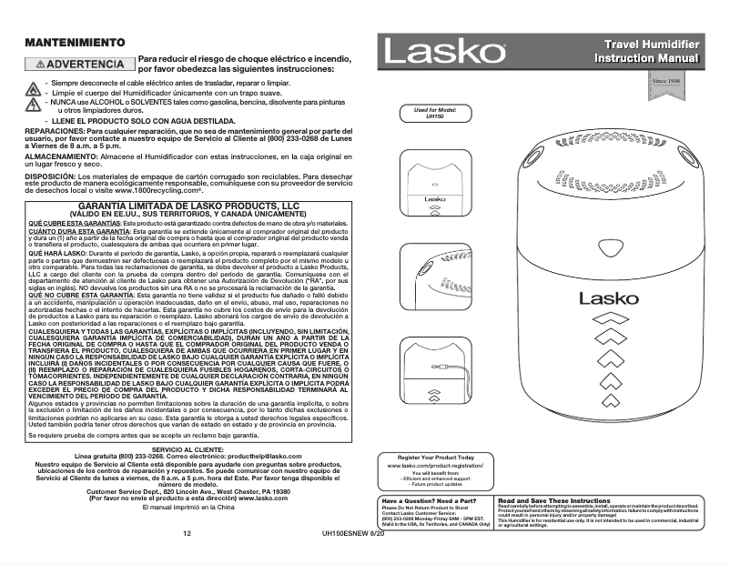 Page 1 of the manual Use and Maintenance Manual Lasko Ultrasonic Travel UH150