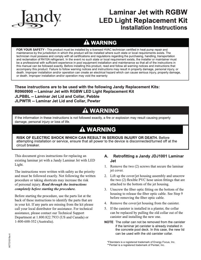 Page 1 of the manual Installation Guide JANDY Laminar Jets
