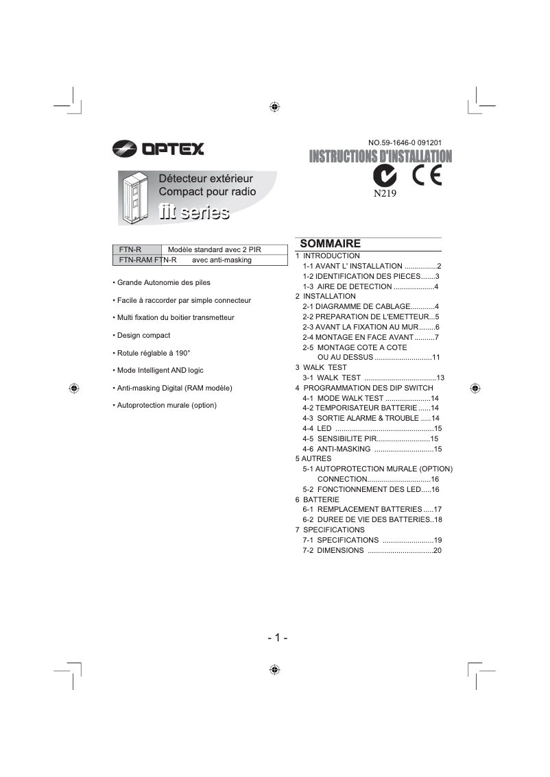 Page 1 of the manual User Manual Optex FTN-RAM