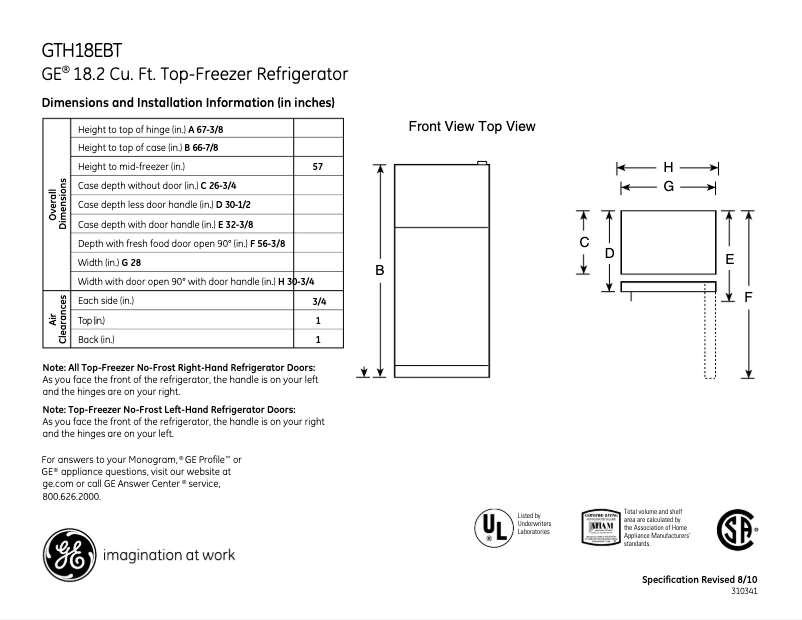 Page 1 of the manual Technical Sheet GE GTH18EBTWW