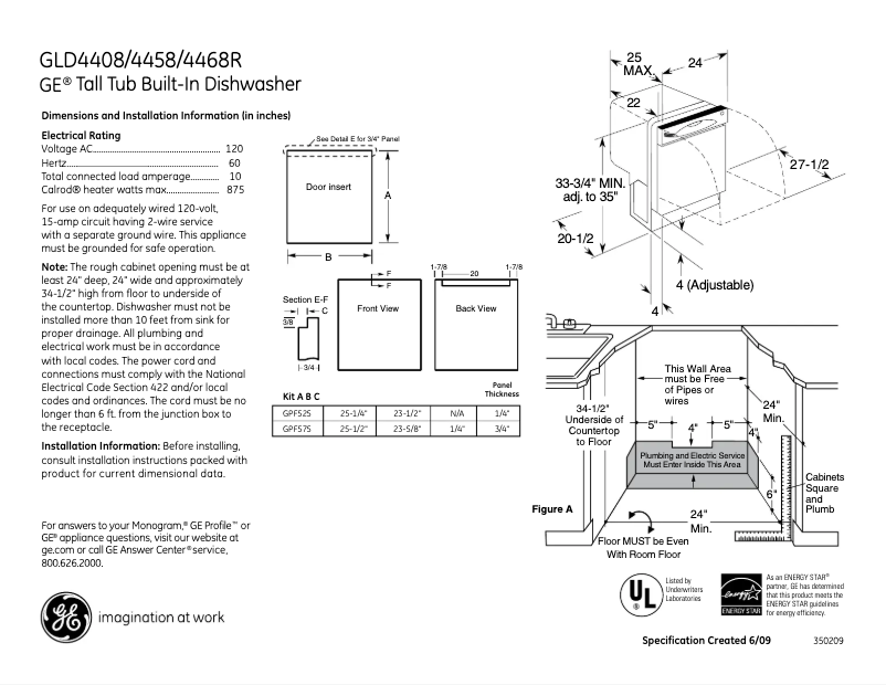 Page 1 of the manual Technical Sheet GE GLD4408RBB
