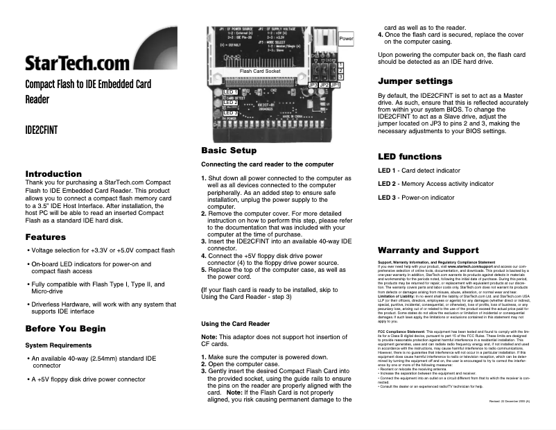 Page 1 of the manual User Manual StarTech.com IDE2CFINT