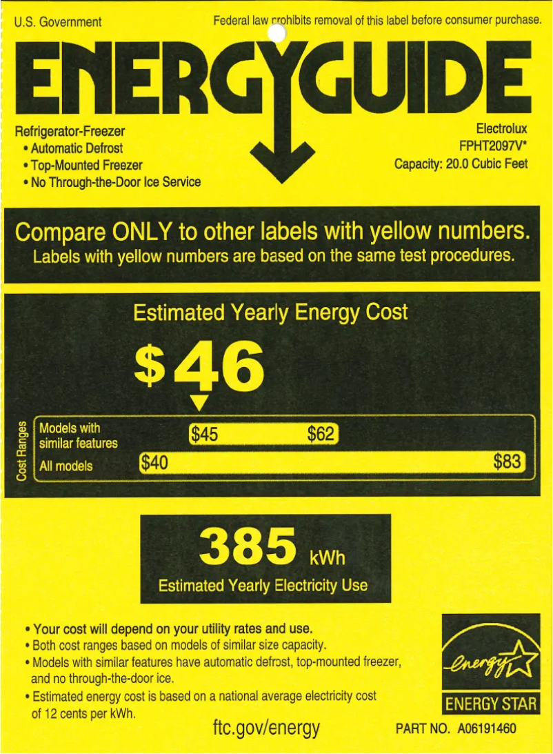 Page 1 of the manual Energy Label Frigidaire FPHT2097VF
