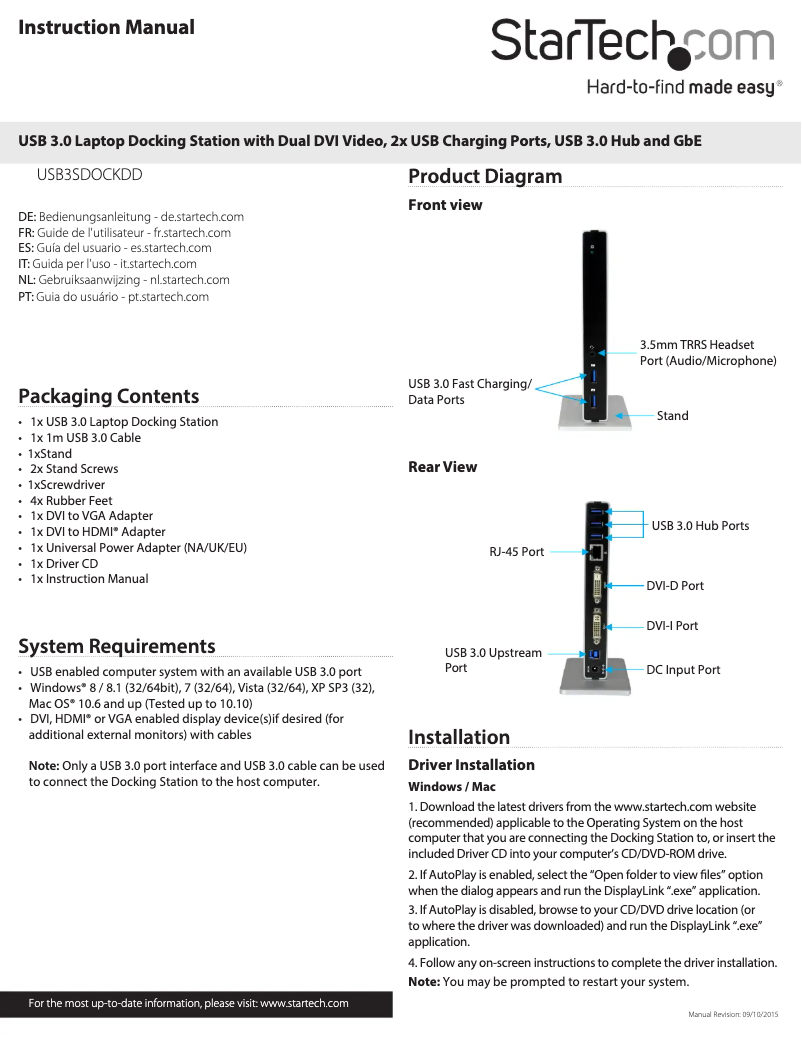 Page 1 de la notice Manuel utilisateur StarTech.com USB3SDOCKDD