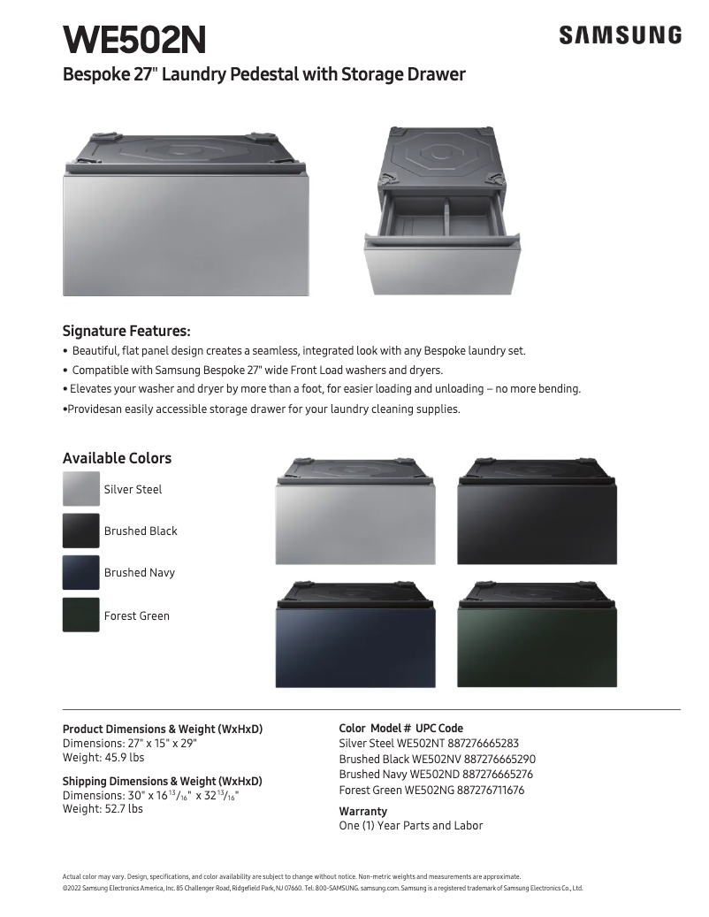 Page 1 of the manual Technical Sheet Samsung WE502NG