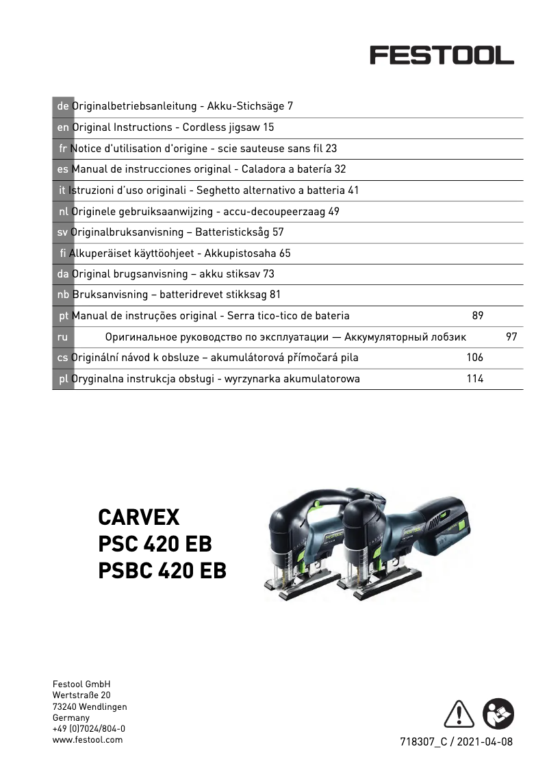 First page image of the manual for Carvex PSC 420 EB