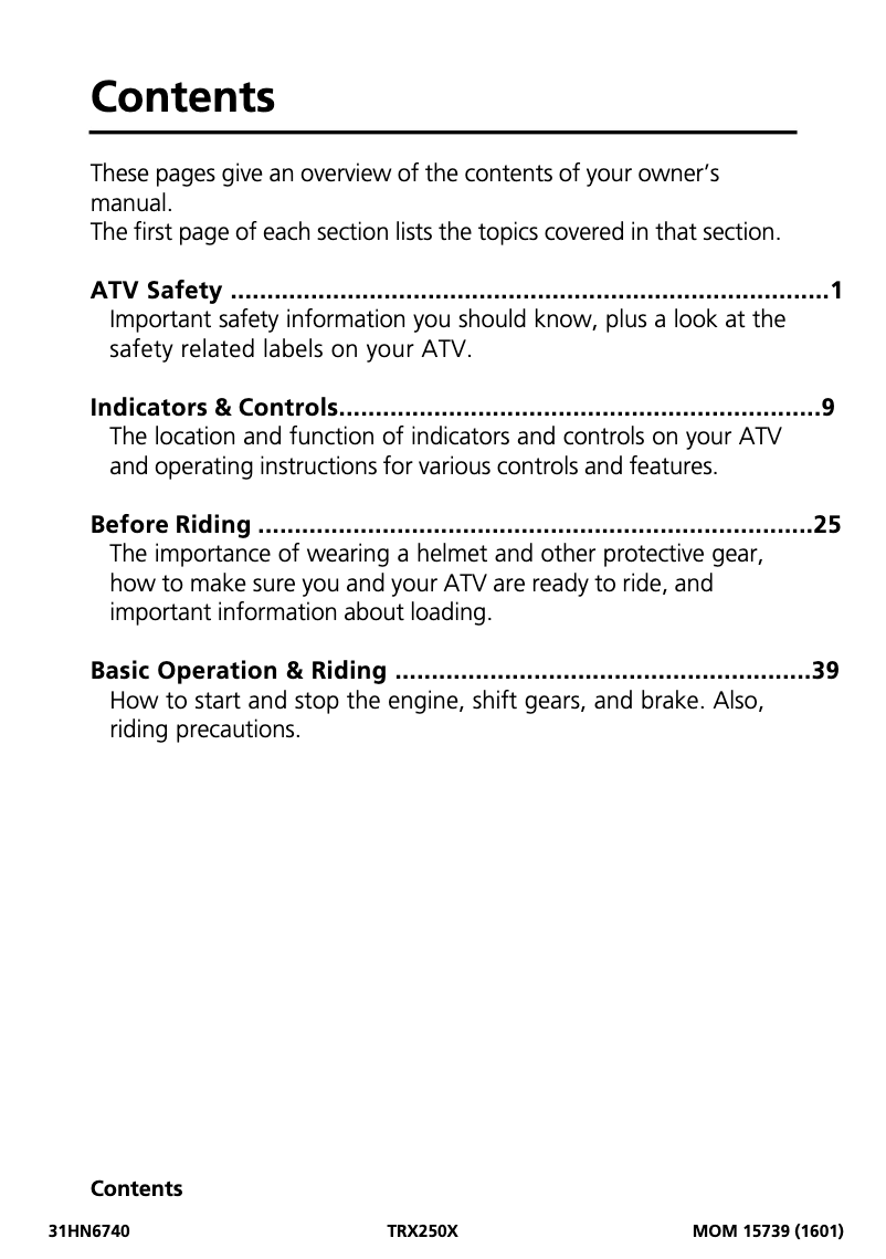 First page image of the manual for TRX250X (2017)