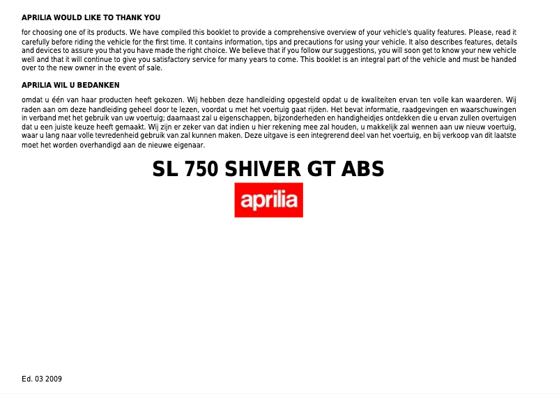 Page 1 of the manual User Manual Aprilia SL 750 Shiver GT ABS (2009)