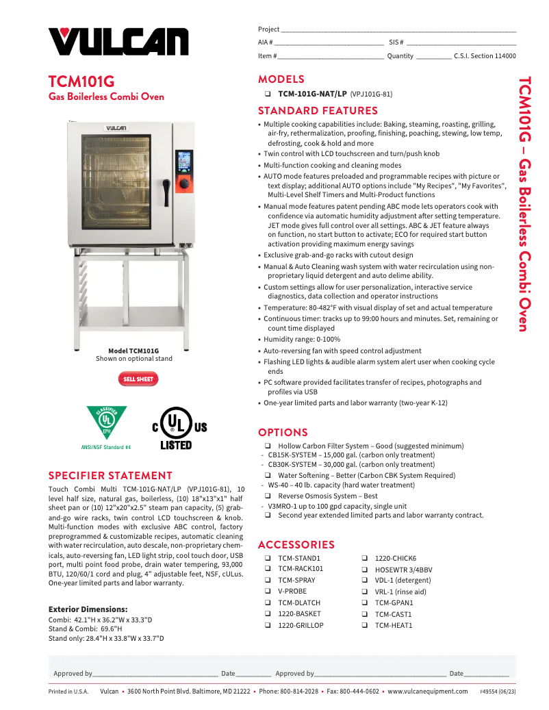 Page 1 of the manual Technical Sheet Vulcan TCM-101G