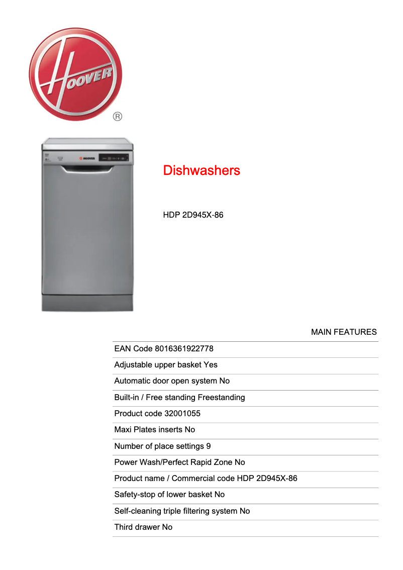 First page image of the manual for HDP 2D945X-86