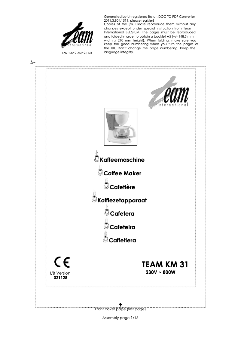 Page 1 of the manual User Manual Team KM 31