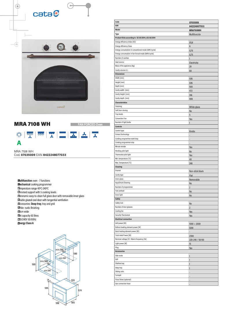 Page 1 of the manual Technical Sheet CATA MRA 7108 WH