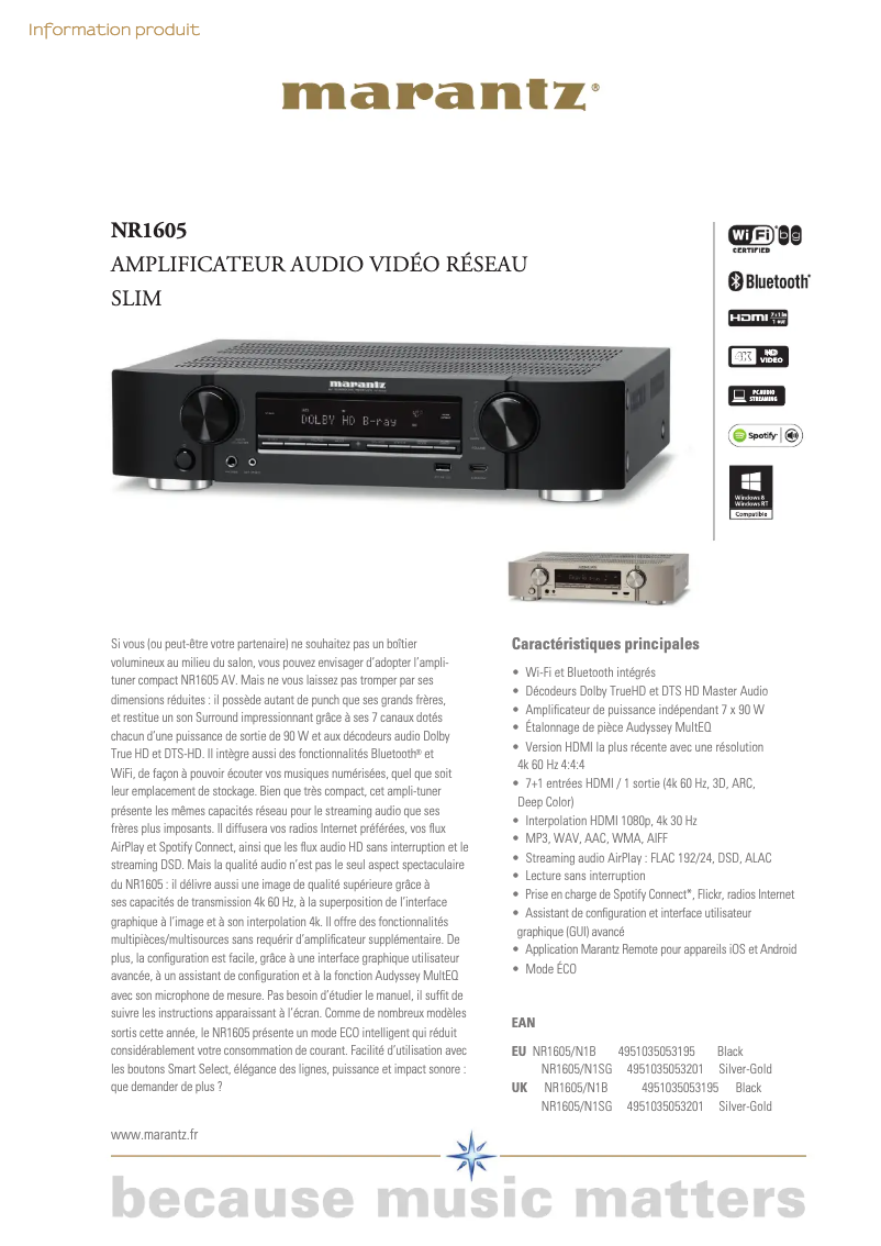 Page 1 of the manual Technical Sheet Marantz NR1605