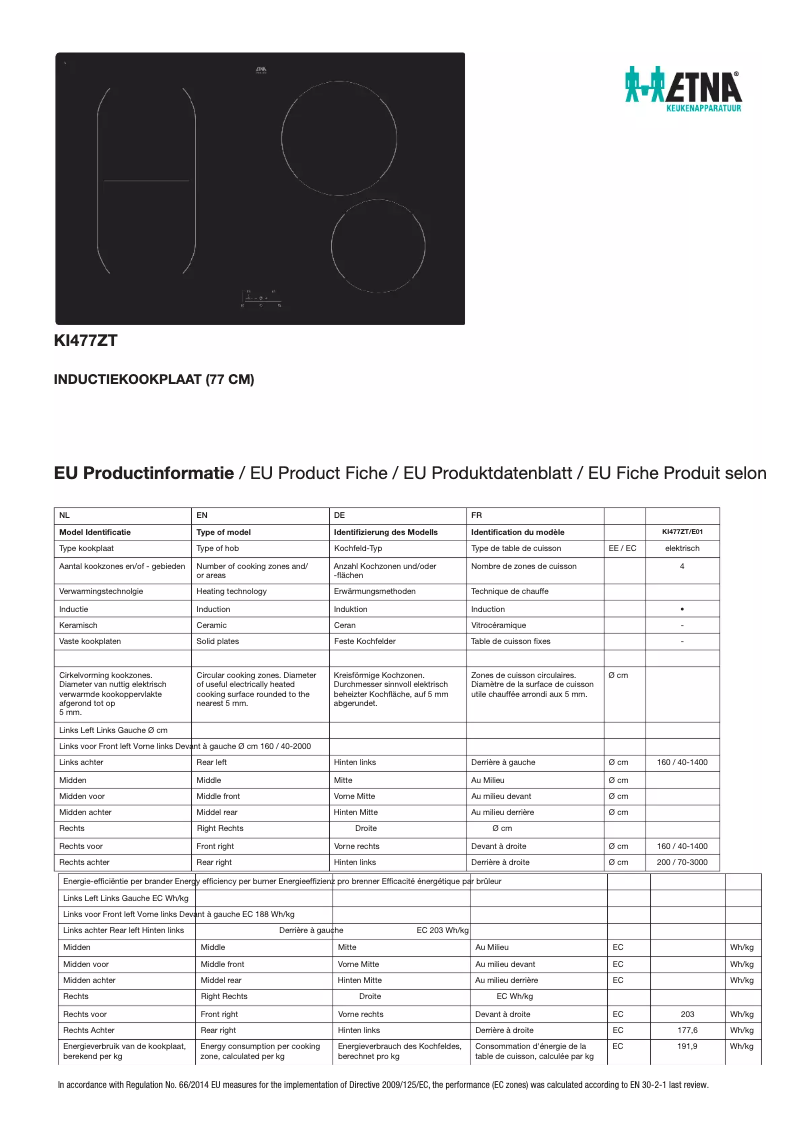 Page 1 of the manual Technical Sheet Etna KI477ZT