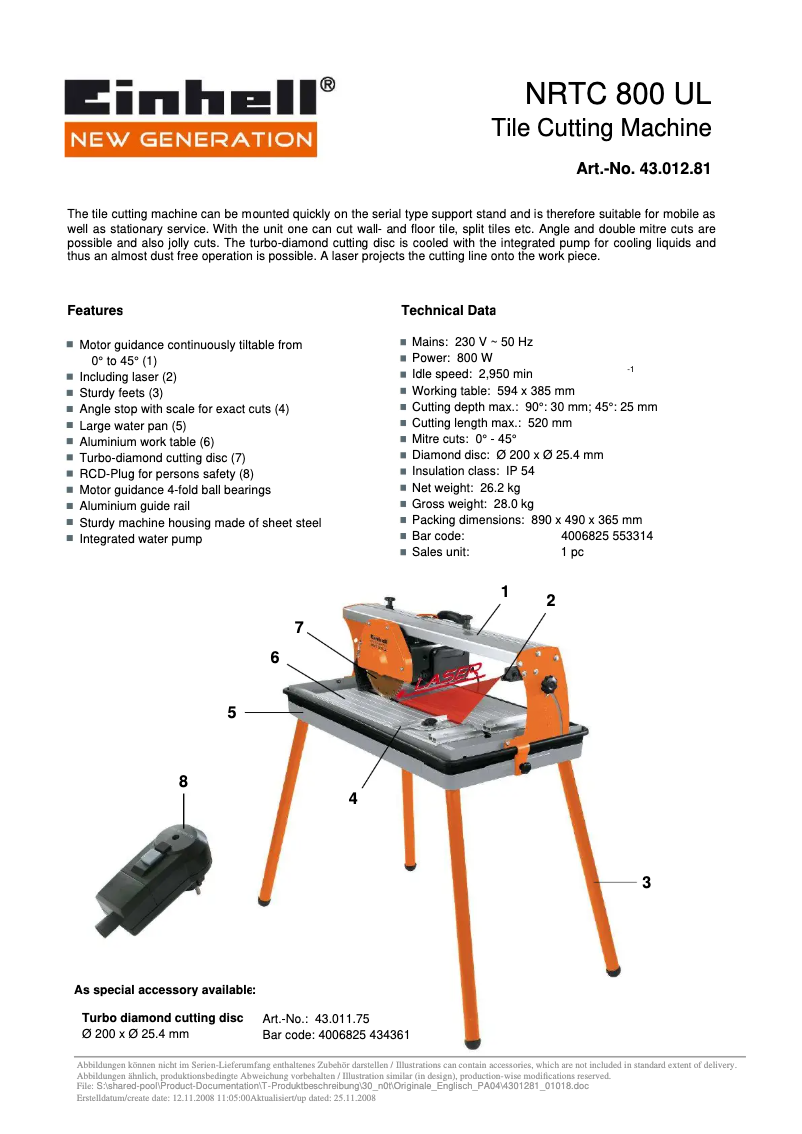 Page 1 of the manual User Manual Einhell NRTC 800 UL
