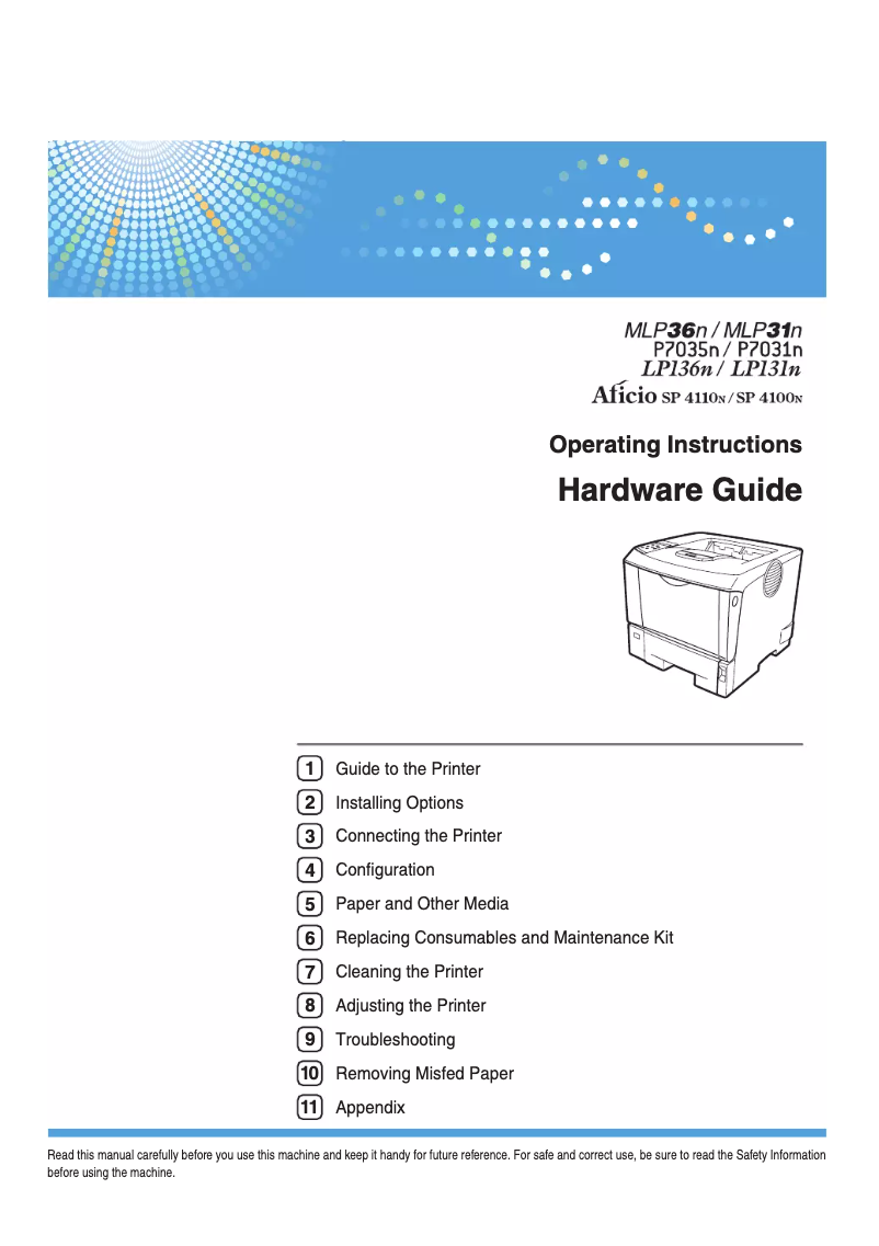 First page image of the manual for Aficio SP 4110N-KP