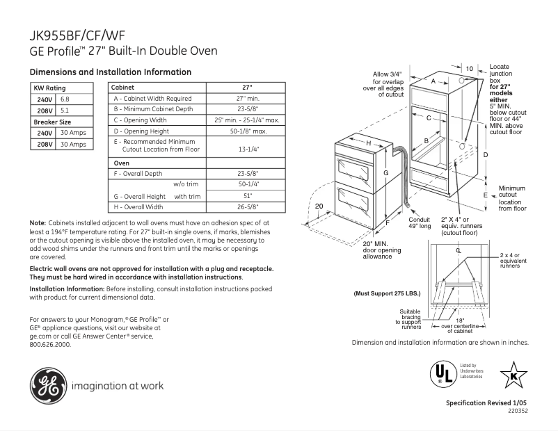 Page 1 of the manual Technical Sheet GE JK955BFBB