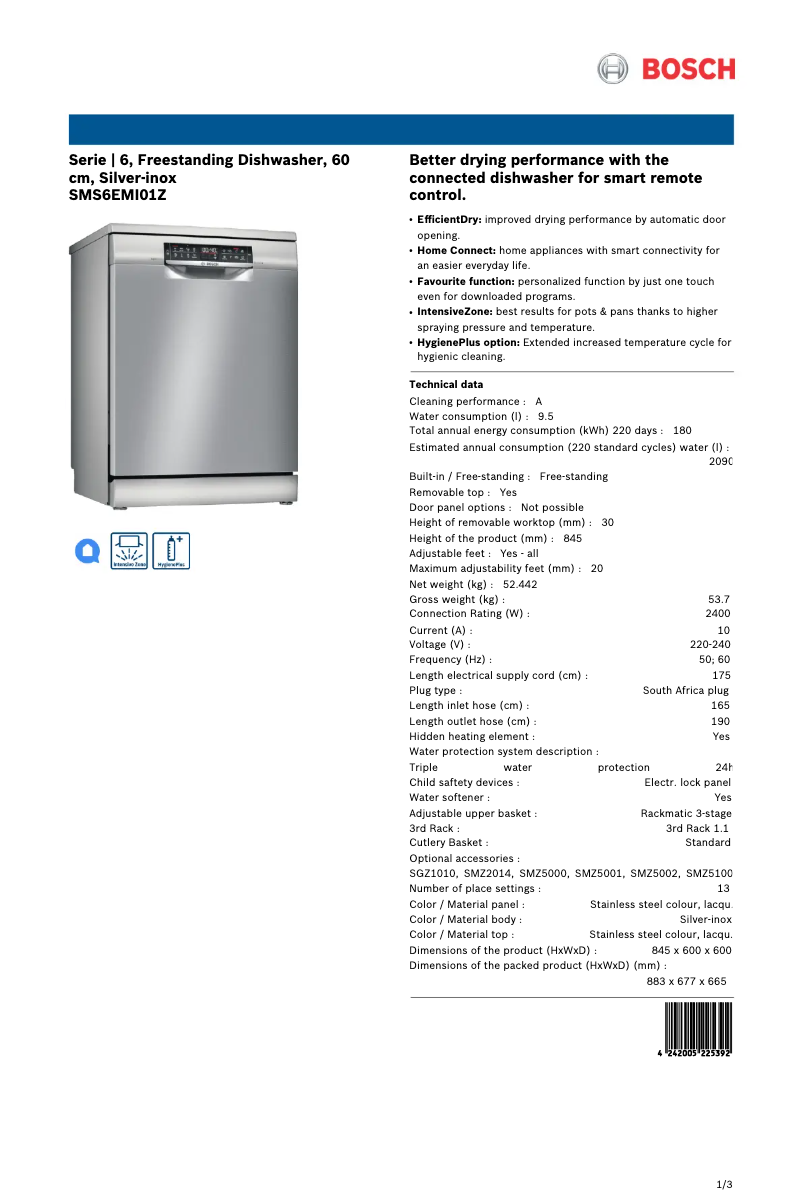 Page 1 of the manual Technical Sheet Bosch SMS6EMI01Z