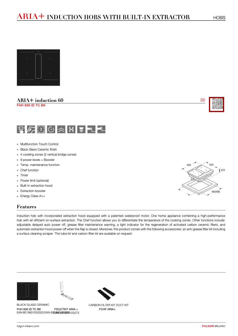Page 1 of the manual Technical Sheet Fulgor Milano FHH 600 ID TC BK