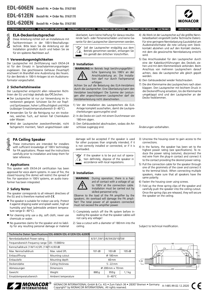 Page 1 of the manual User Manual Monacor EDL-612EN