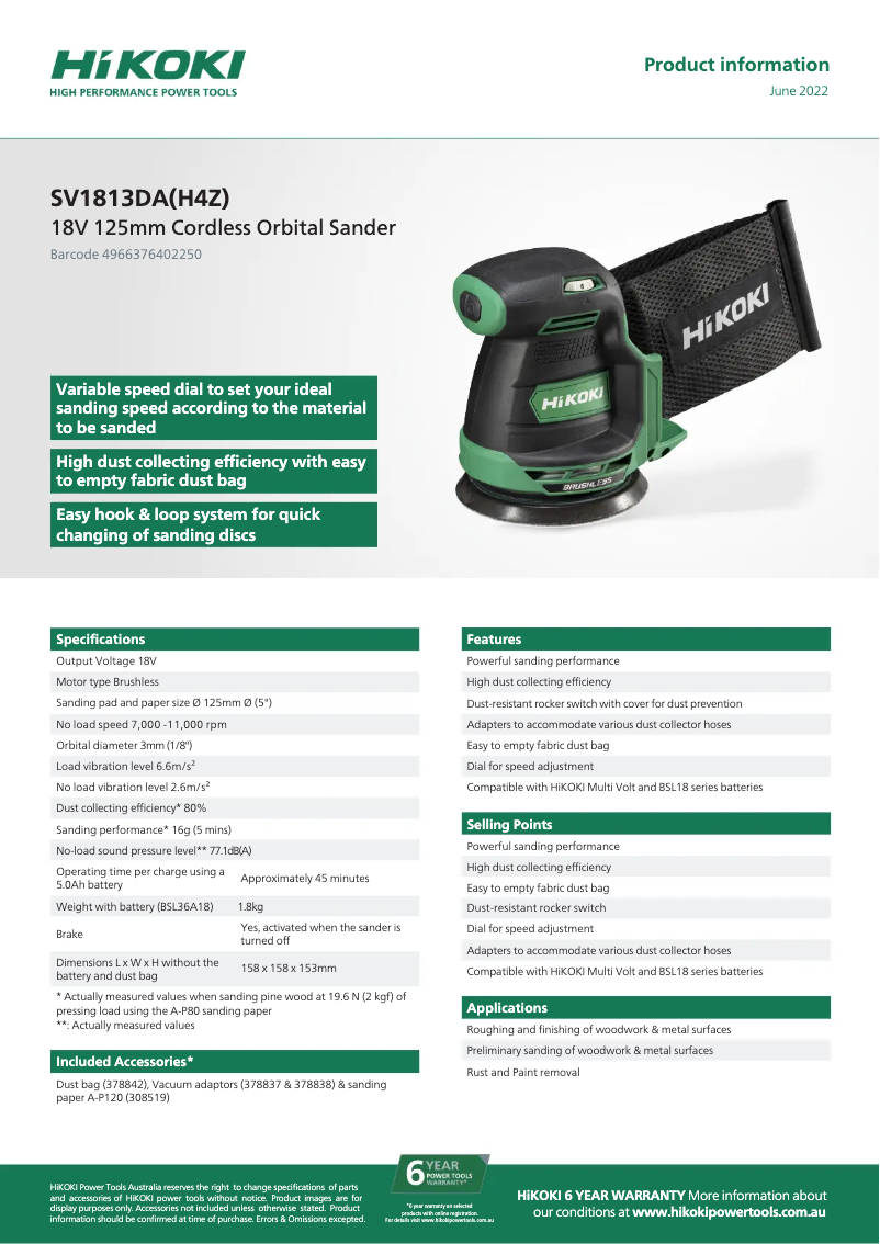 Page 1 of the manual Technical Sheet HiKOKI SV 1813DA
