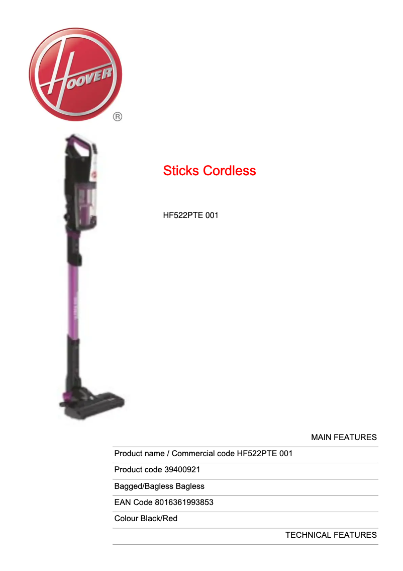 Page 1 of the manual Technical Sheet Hoover H-FREE 500 HF522PTE 001