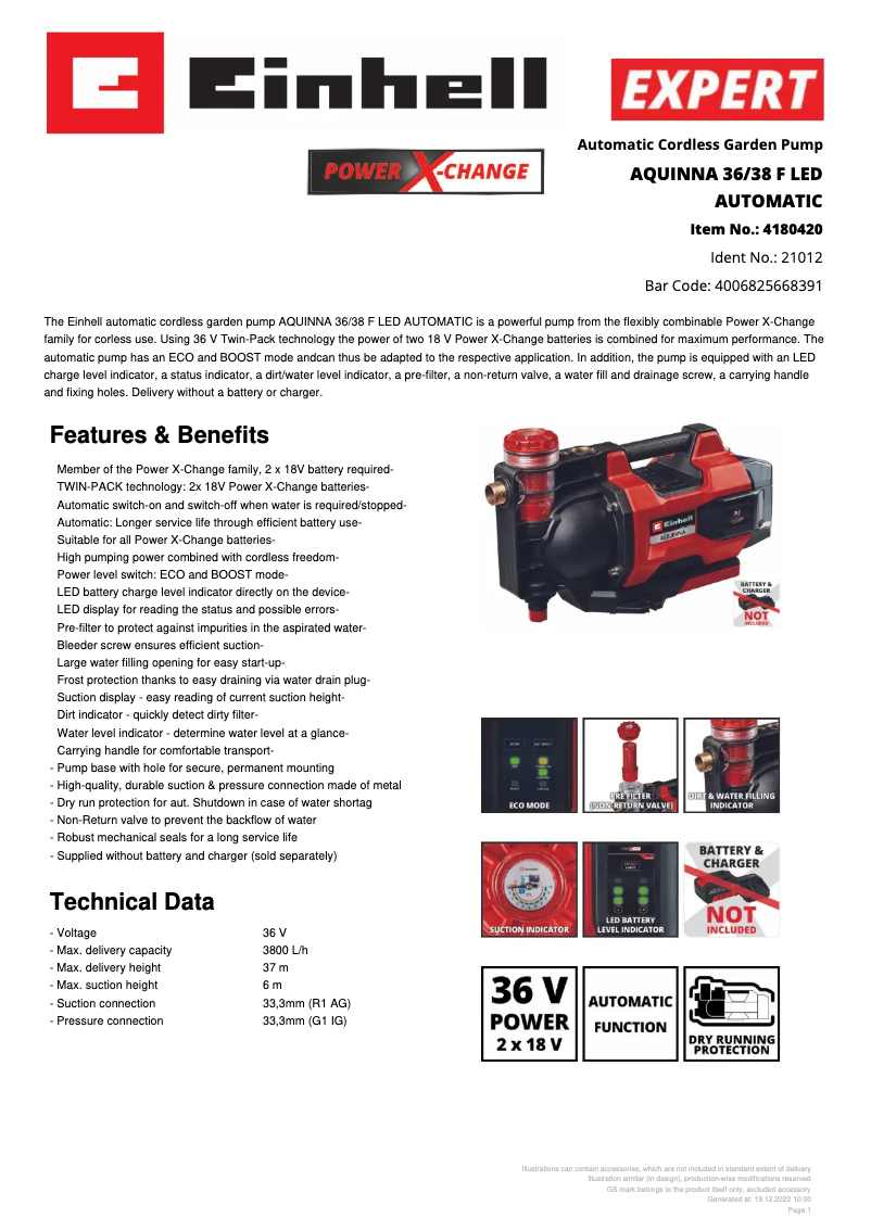 Page 1 of the manual Technical Sheet Einhell AQUINNA 36/38 F LED