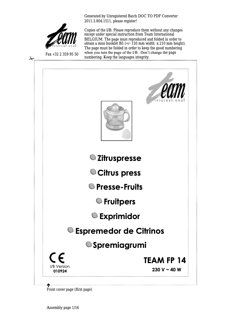 First page image of the manual for FP 14