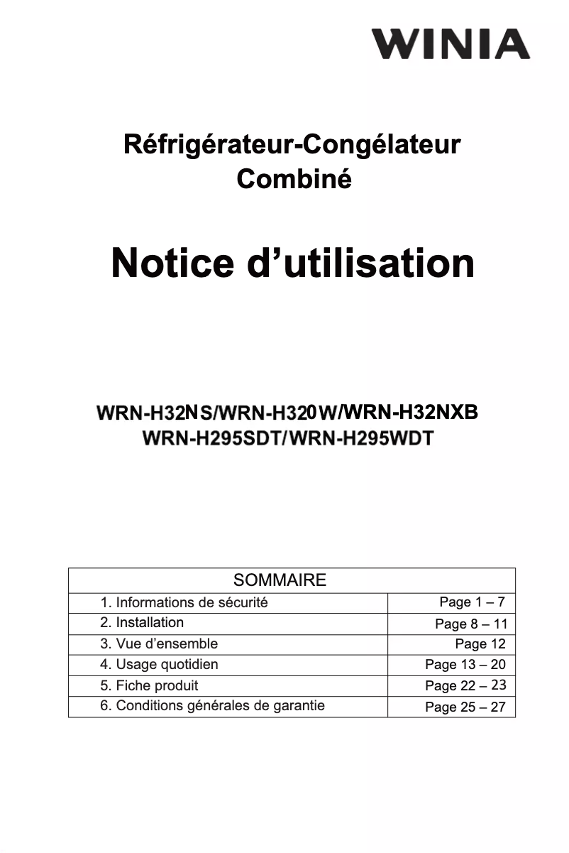 Page 1 of the manual User Manual Winia WRN-H32NXB