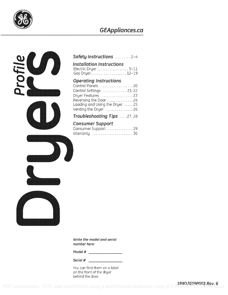 First page image of the manual for PTMN940EMWS